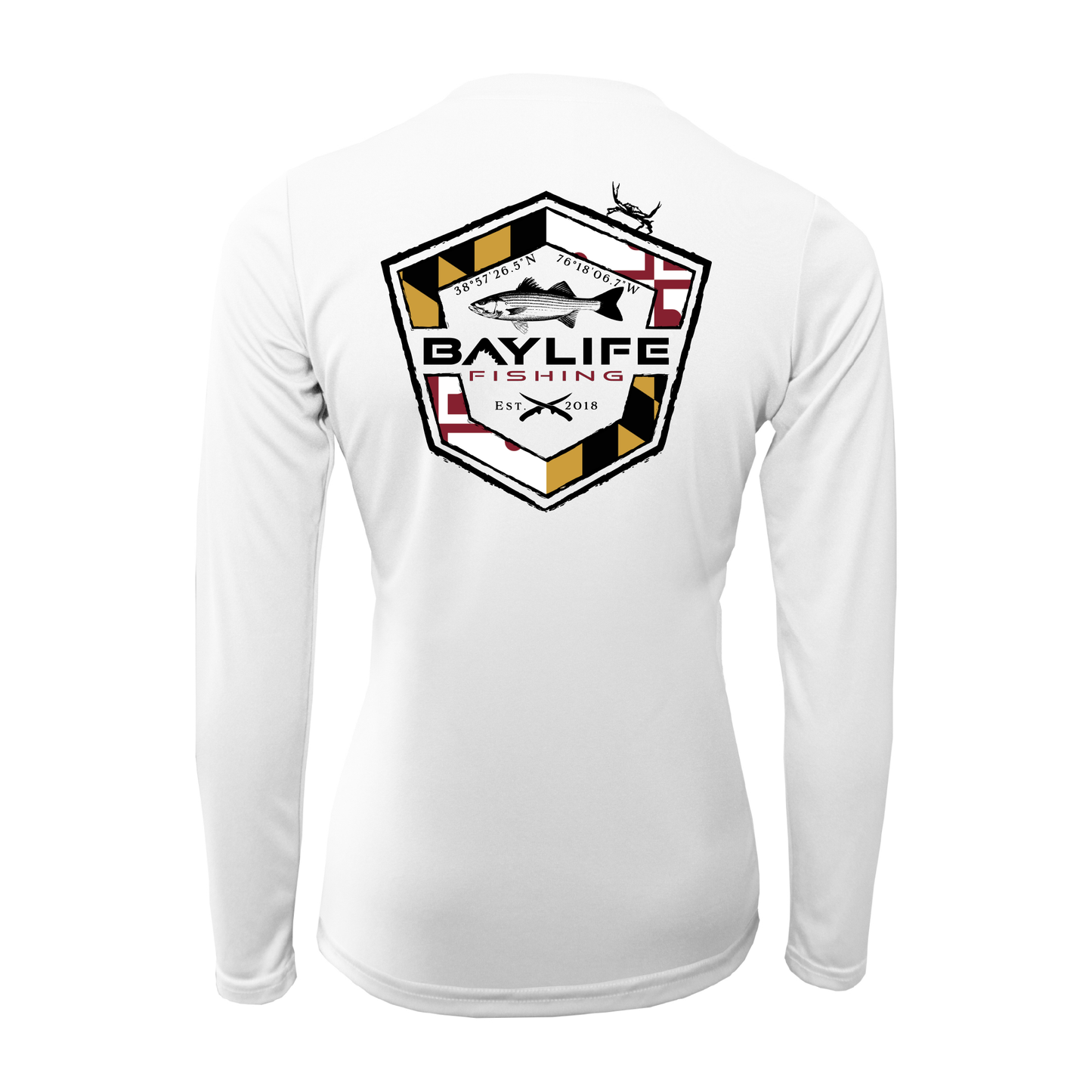MARYLAND FLAG ROCKFISH LADIES PERFORMANCE FISHING LONG SLEEVE SHIRT | WHITE