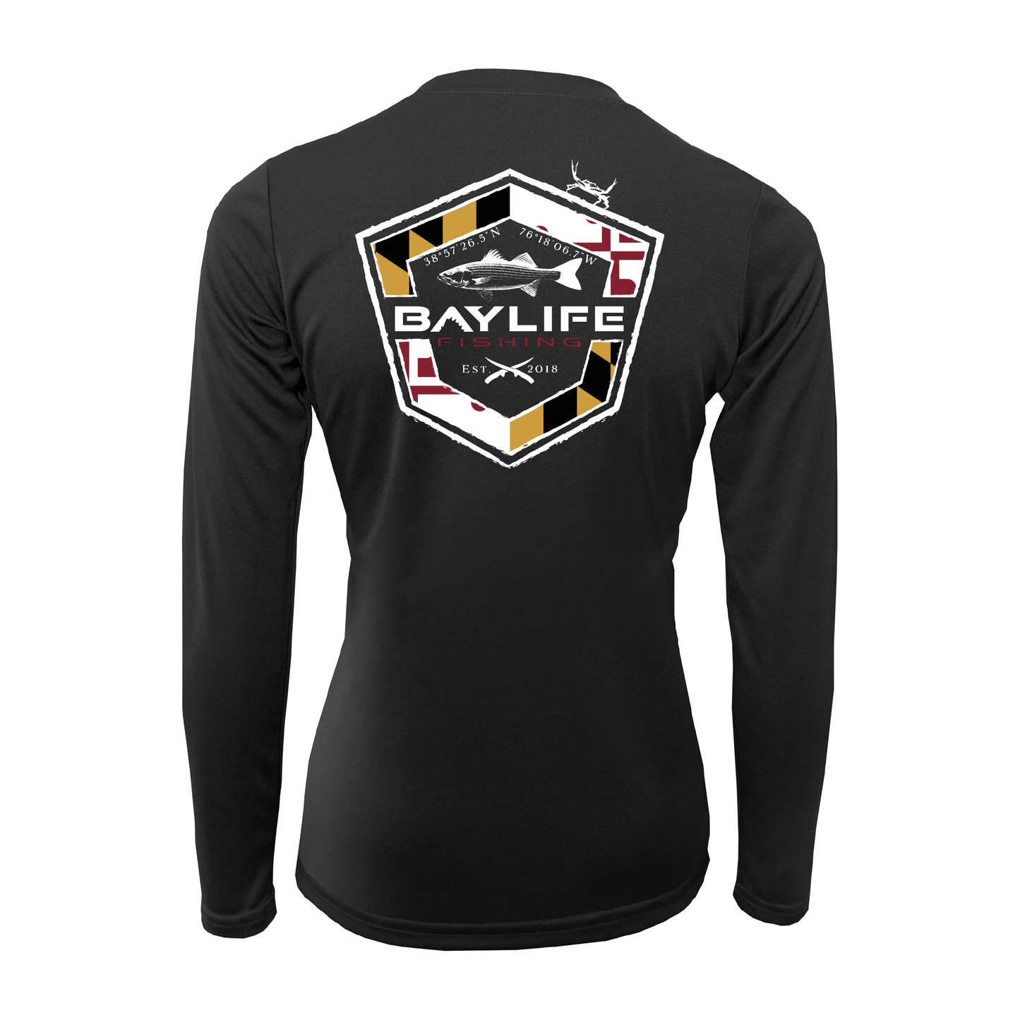 MARYLAND FLAG ROCKFISH LADIES PERFORMANCE FISHING LONG SLEEVE SHIRT | BLACK