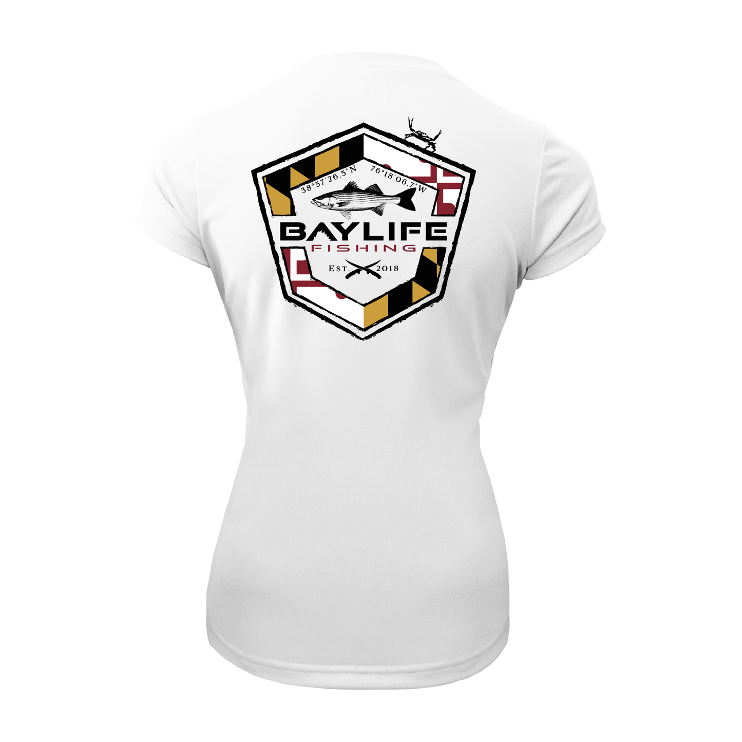 MARYLAND FLAG ROCKFISH LADIES PERFORMANCE FISHING SHORT SLEEVE SHIRT | WHITE