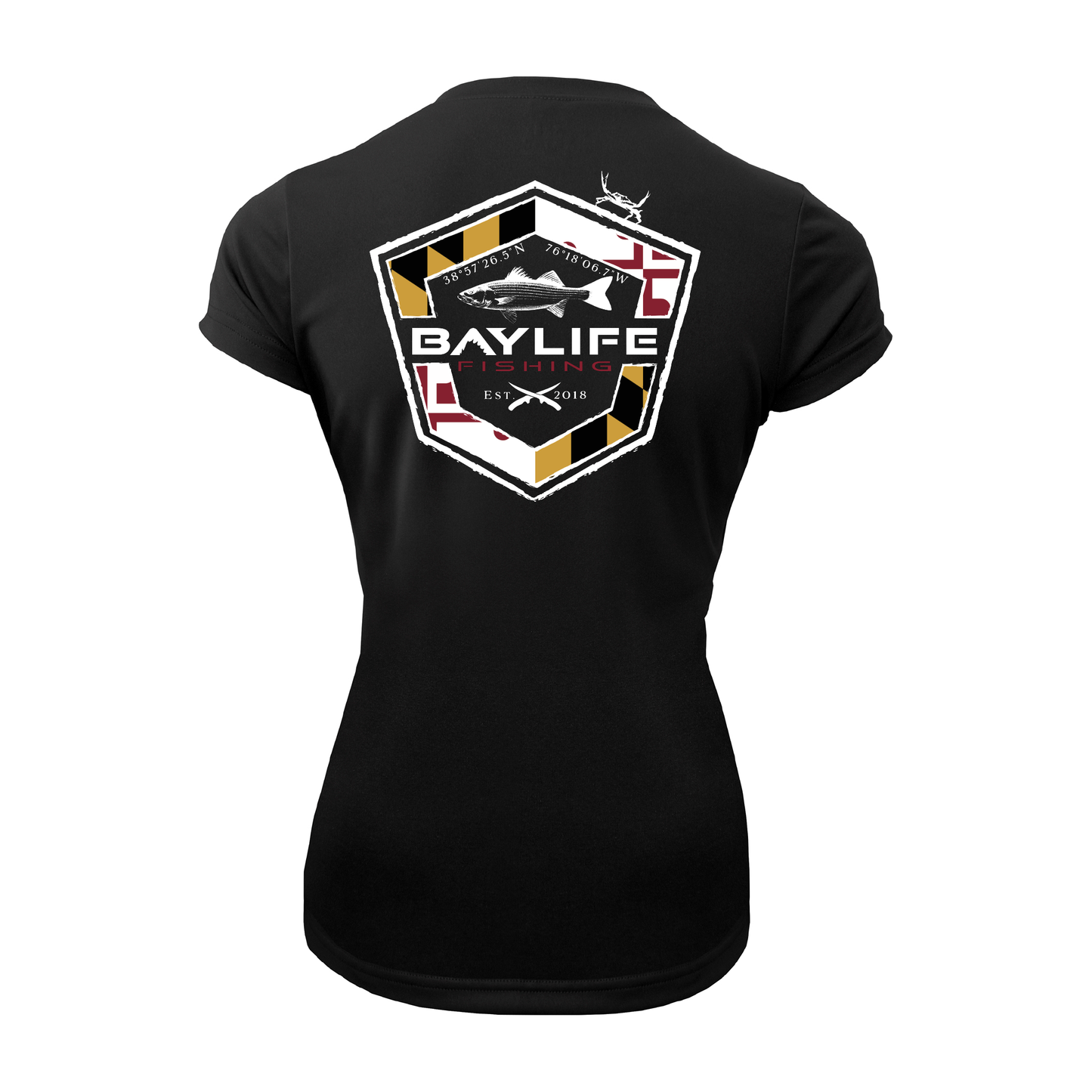 MARYLAND FLAG ROCKFISH LADIES PERFORMANCE FISHING SHORT SLEEVE SHIRT | BLACK