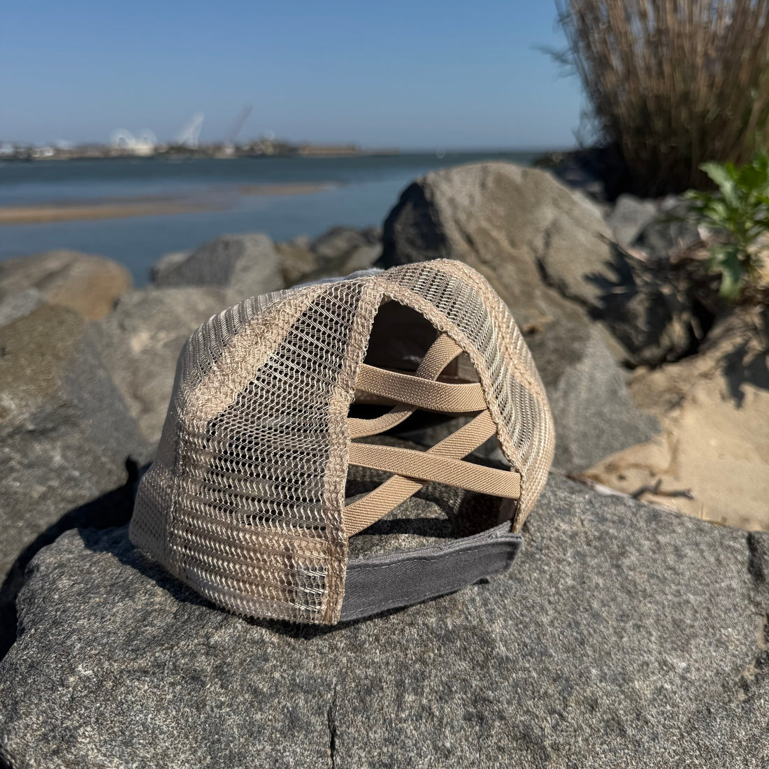 Ladies Criss Cross Ponytail Hat | Grey w/Anchorhook Patch