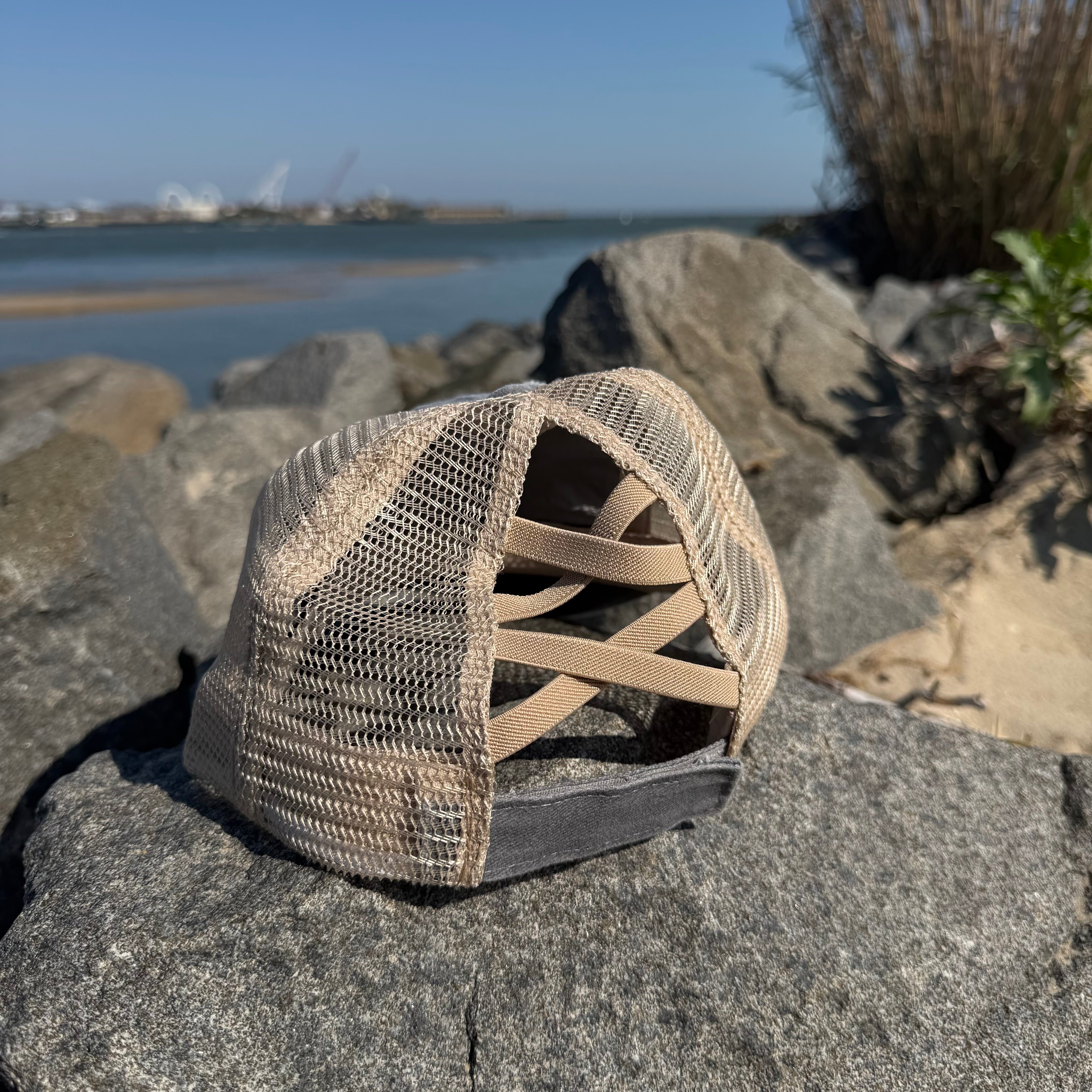 Ladies Criss Cross Ponytail Hat | Grey w/Anchorhook Patch