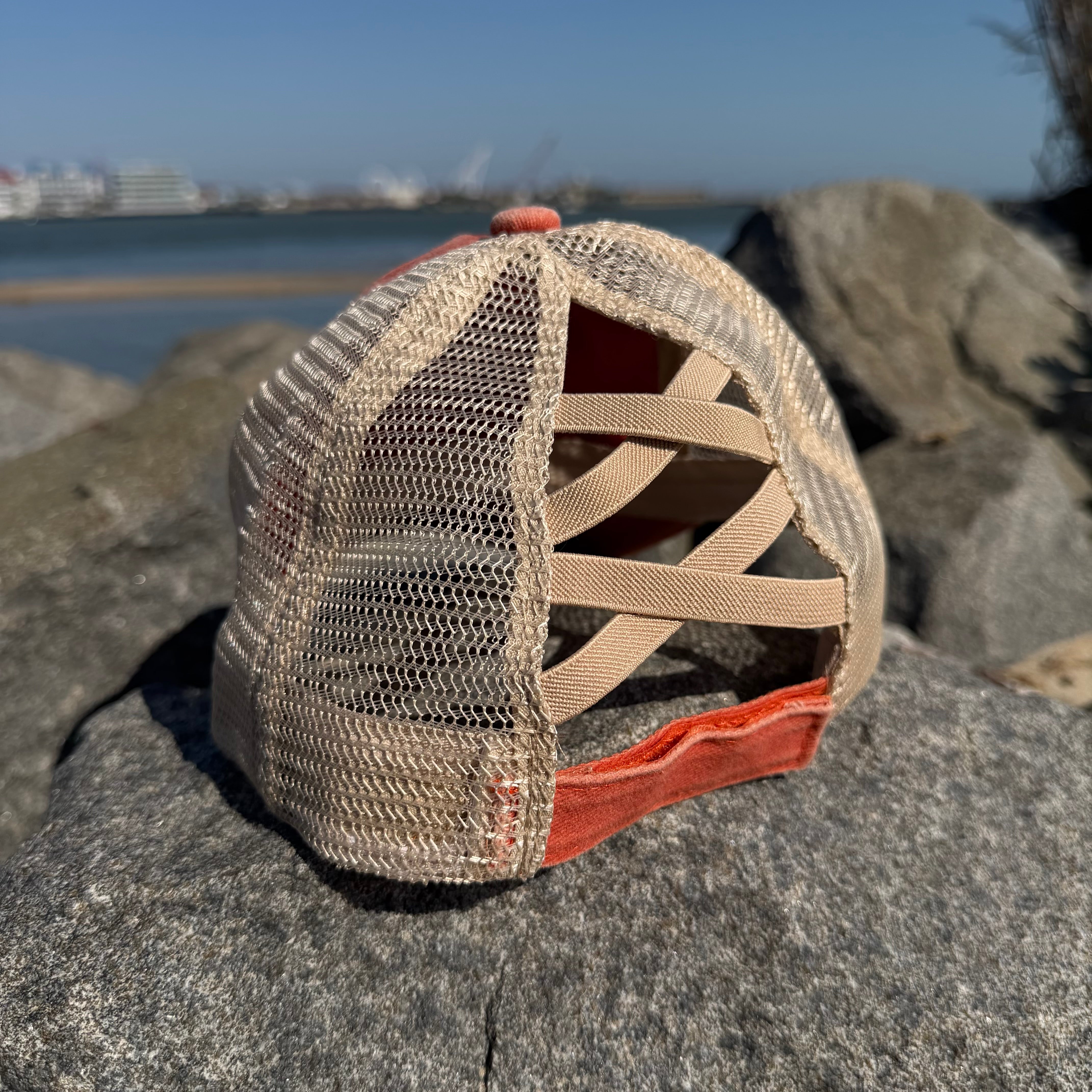 Ladies Criss Cross Ponytail Hat | Burnt Orange w/Anchorhook Patch