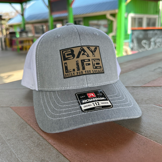 Bay Life Locals Hat | Tan Leather Patch | Heather Grey/White Mesh | Youth