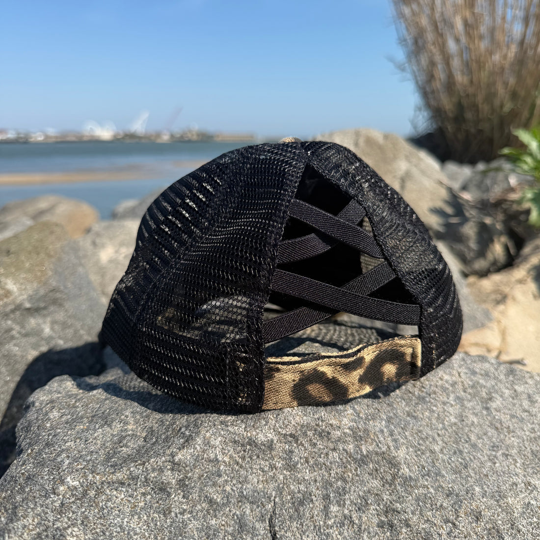 Ladies Criss Cross Ponytail Hat | Leopard Print w/Anchorhook Patch
