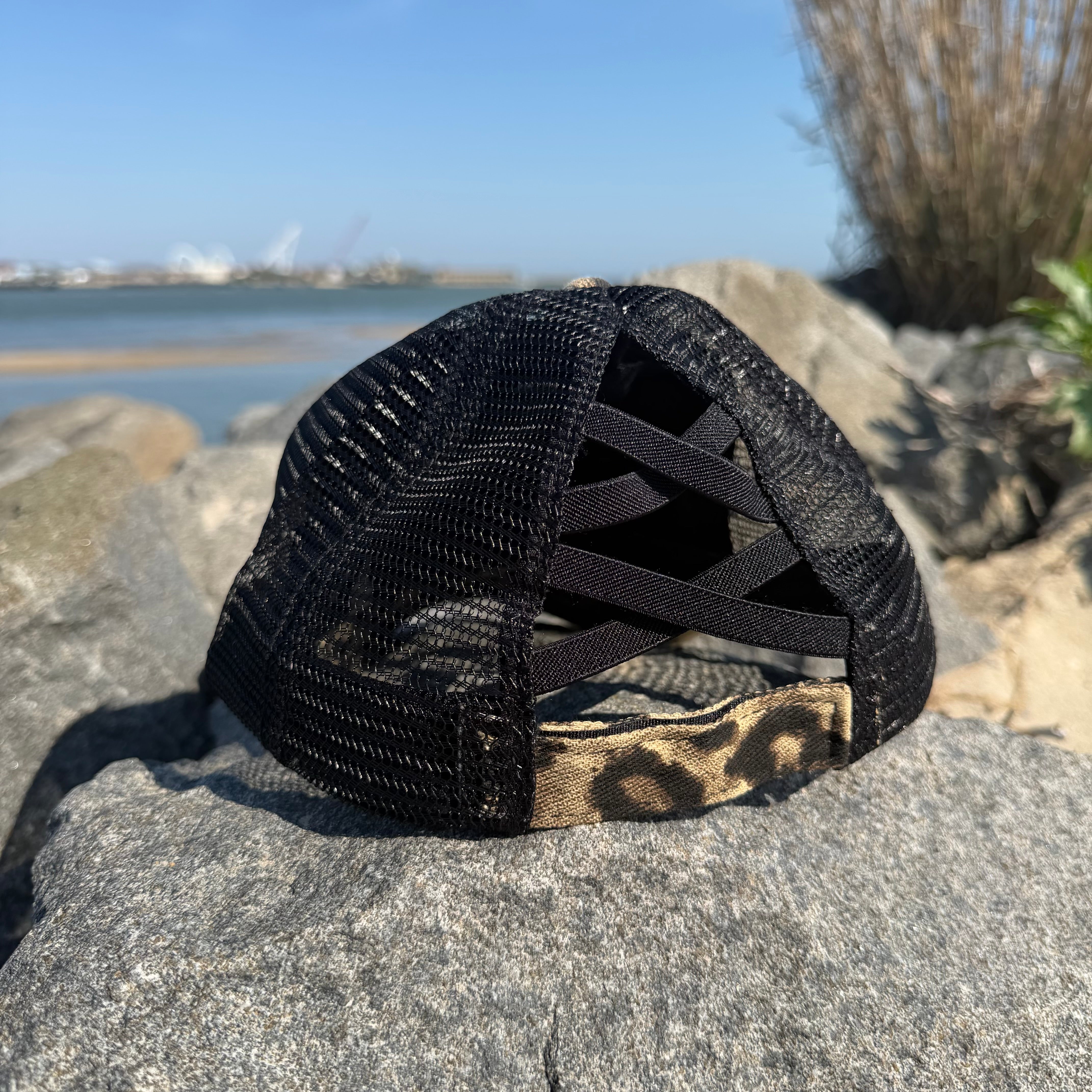 Ladies Criss Cross Ponytail Hat | Leopard Print w/Anchorhook Patch