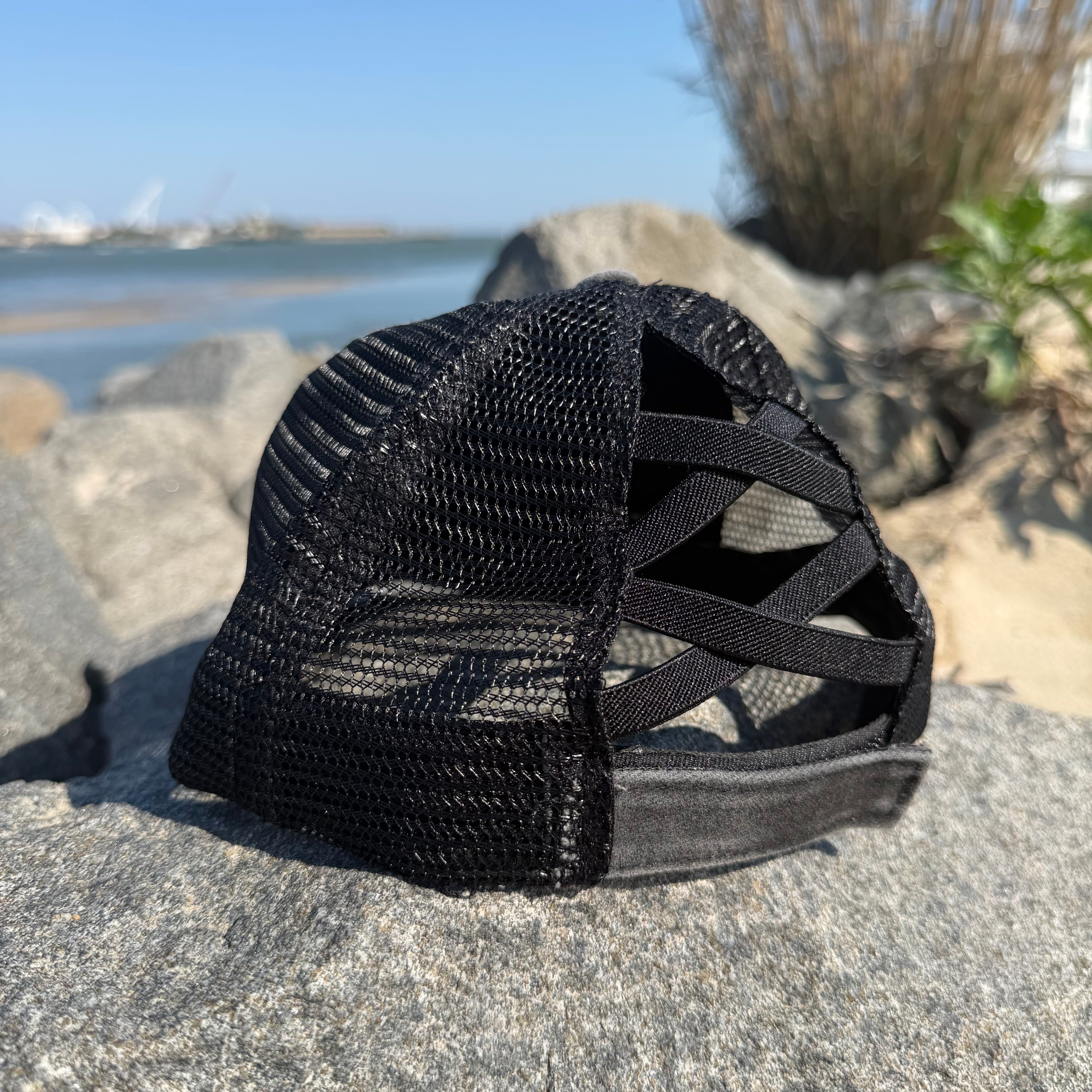 Ladies Criss Cross Ponytail Hat | Black w/Chesapeake Patch