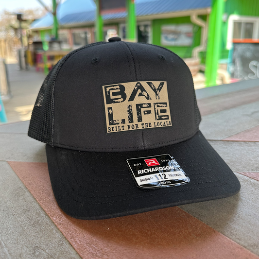 Bay Life Locals Hat | Tan Leather Patch | Black/Black Mesh | Youth