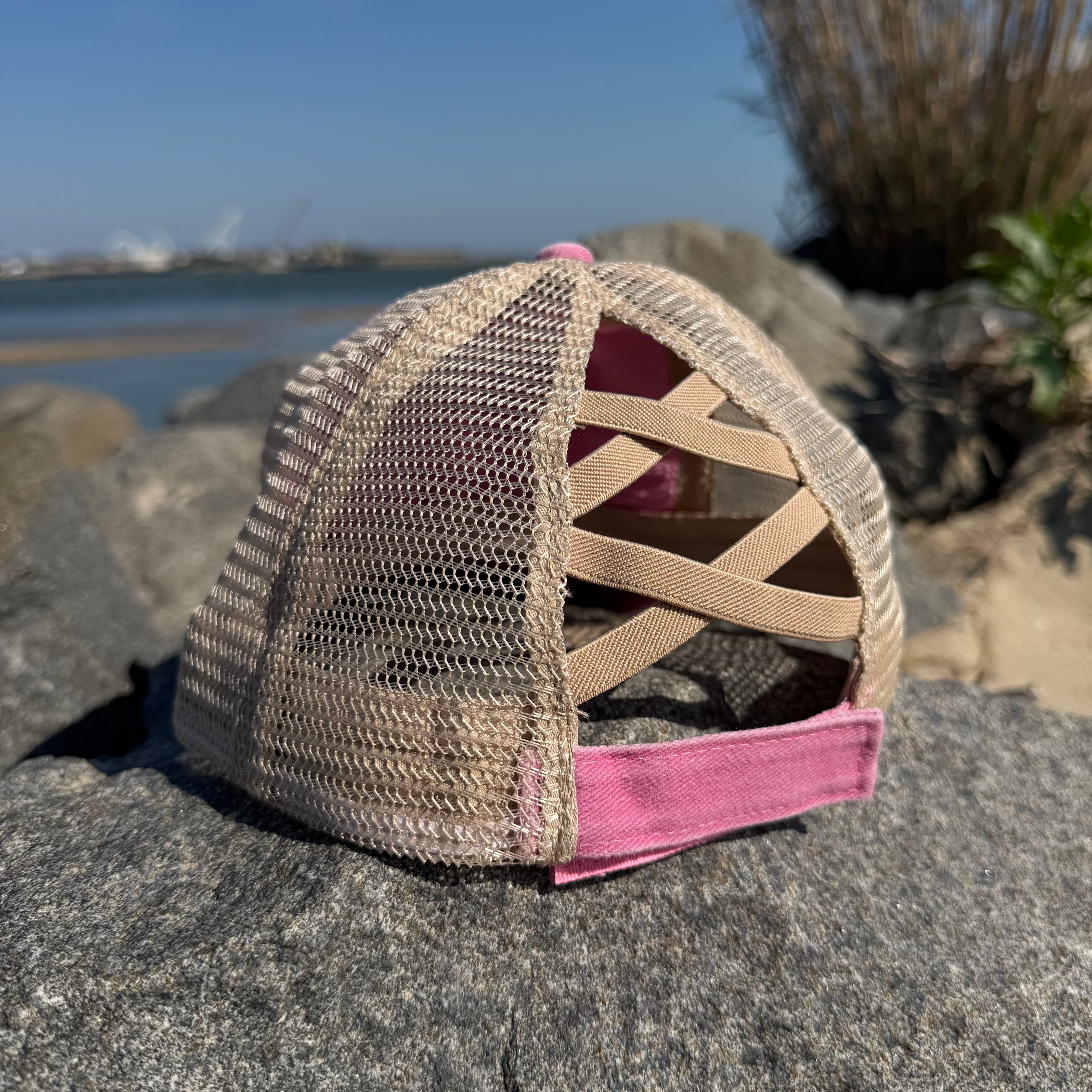 Ladies Criss Cross Ponytail Hat | Pink w/Anchorhook Patch
