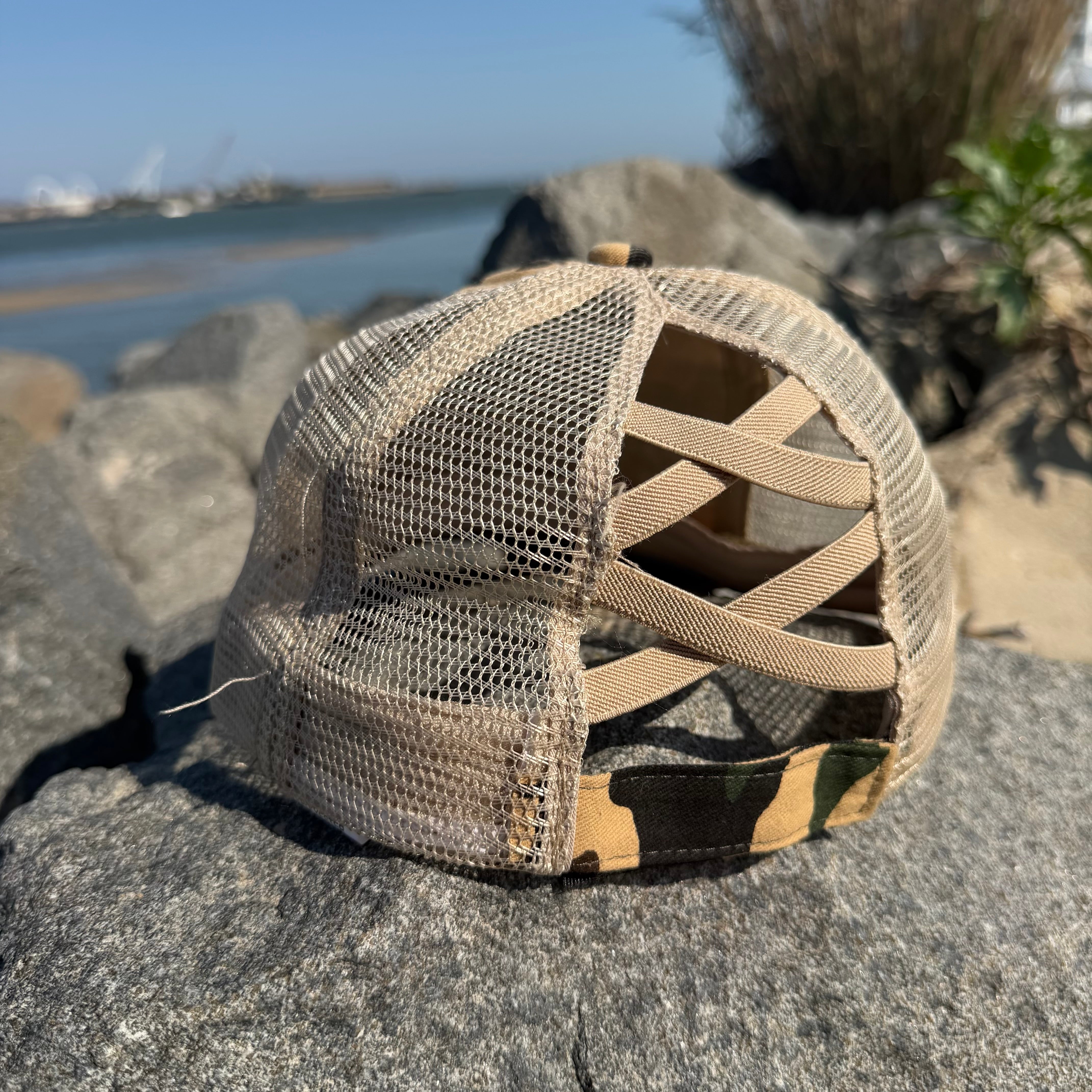 Ladies Criss Cross Ponytail Hat |  Camo w/Anchorhook Patch