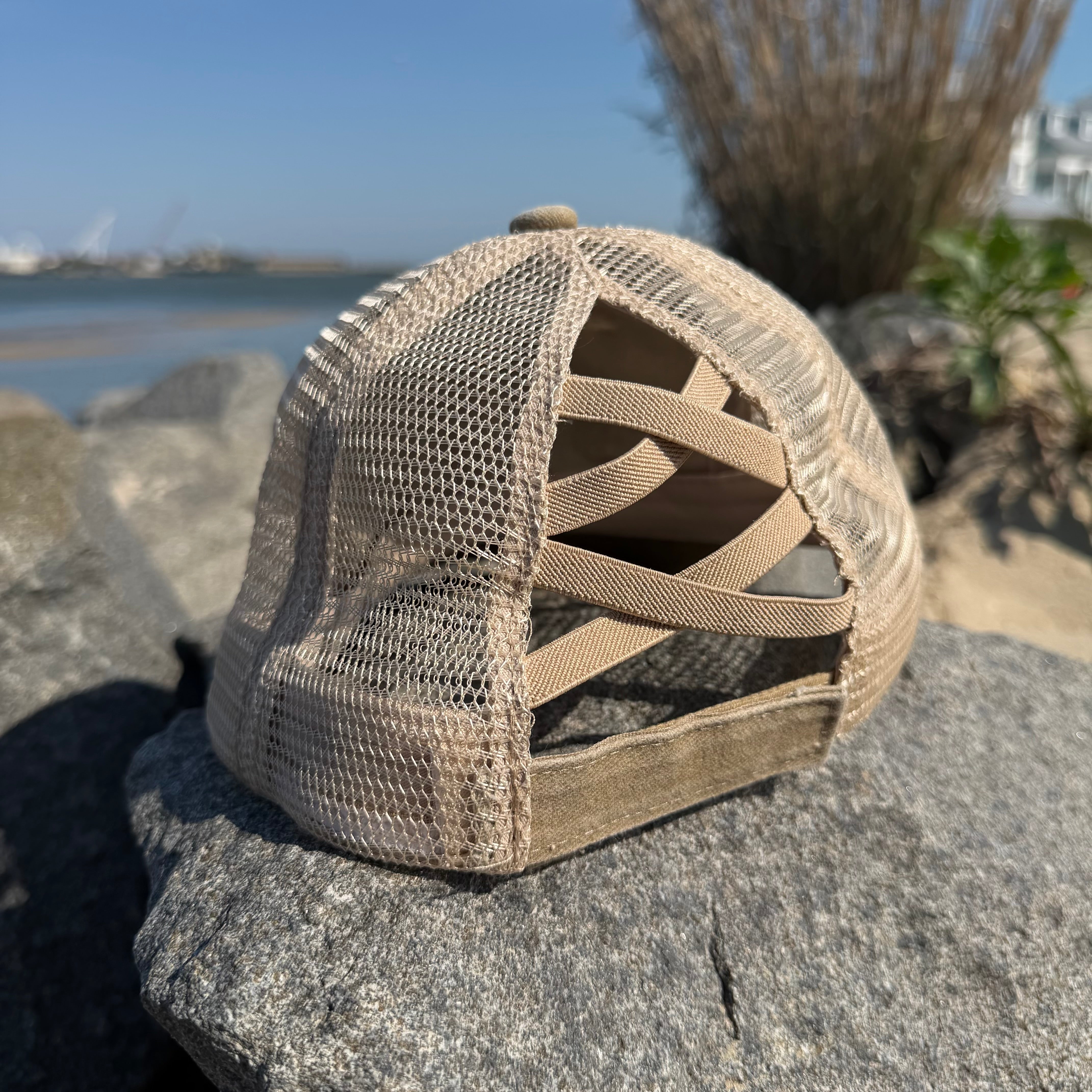 Ladies Criss Cross Ponytail Hat | Khaki w/Anchorhook Patch