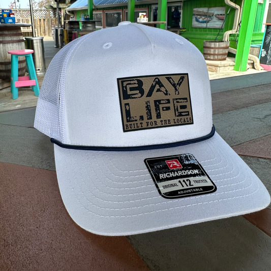 Bay Life Locals Hat | Tan Leather Patch | White/White Mesh/Navy Rope