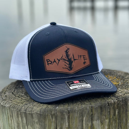 The Chesapeake Hat | Brown Leather Patch | Navy/White Mesh