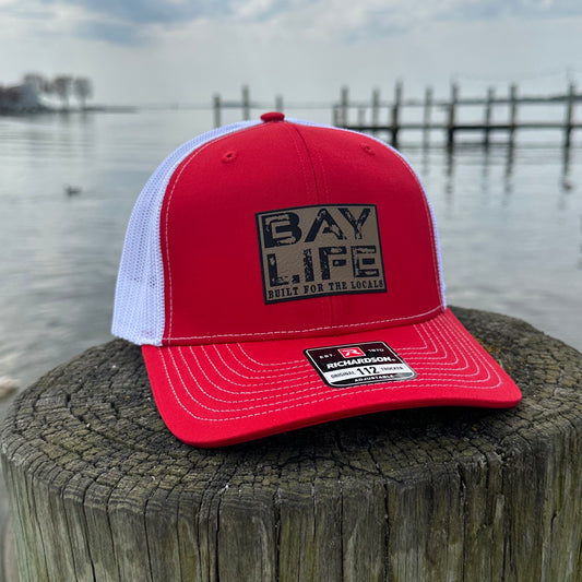 Bay Life Locals Hat | Tan Leather Patch | Red/White Mesh