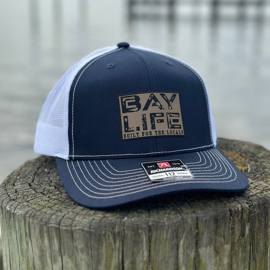 Bay Life Locals Hat | Tan Leather Patch | Navy/White Mesh