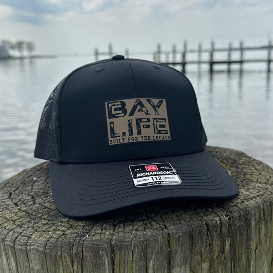 Bay Life Locals Hat | Tan Leather Patch | Black/Black Mesh