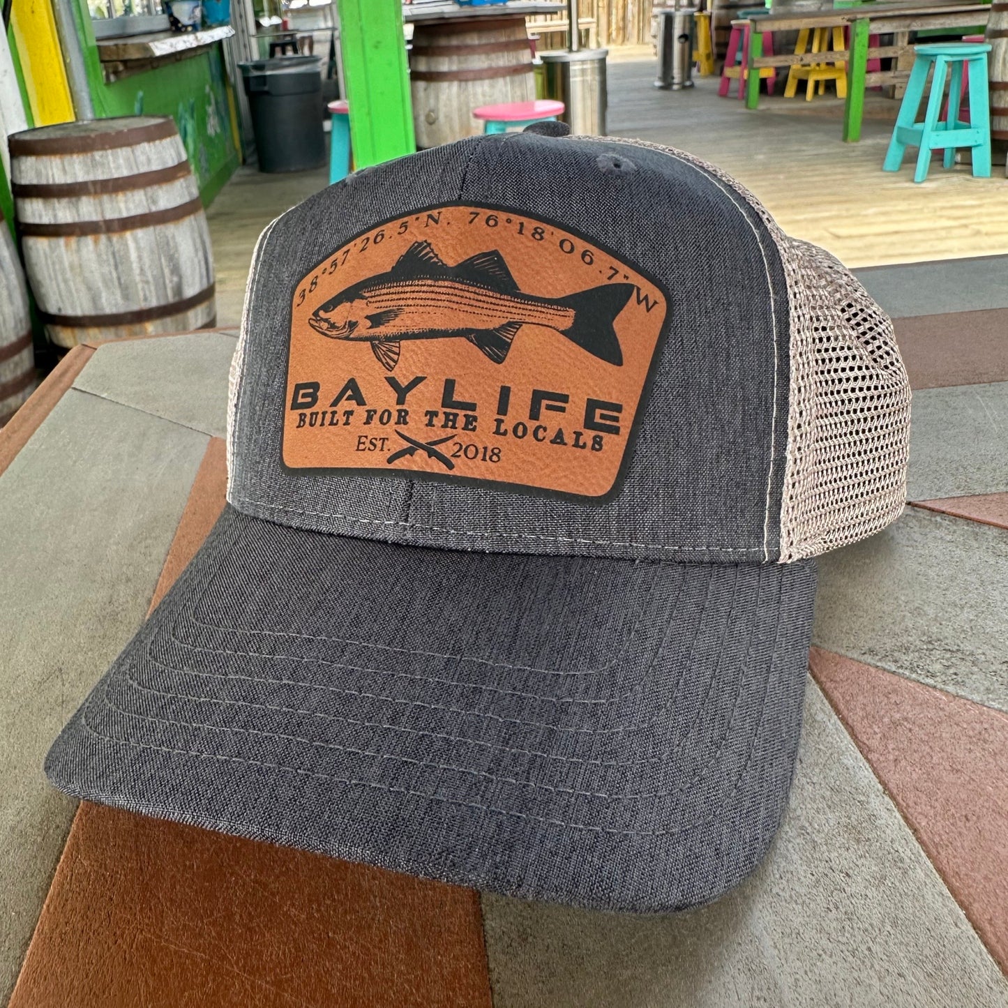 Rockfish Locals Hat | Tan Leather Patch | Grey/Tan Mesh