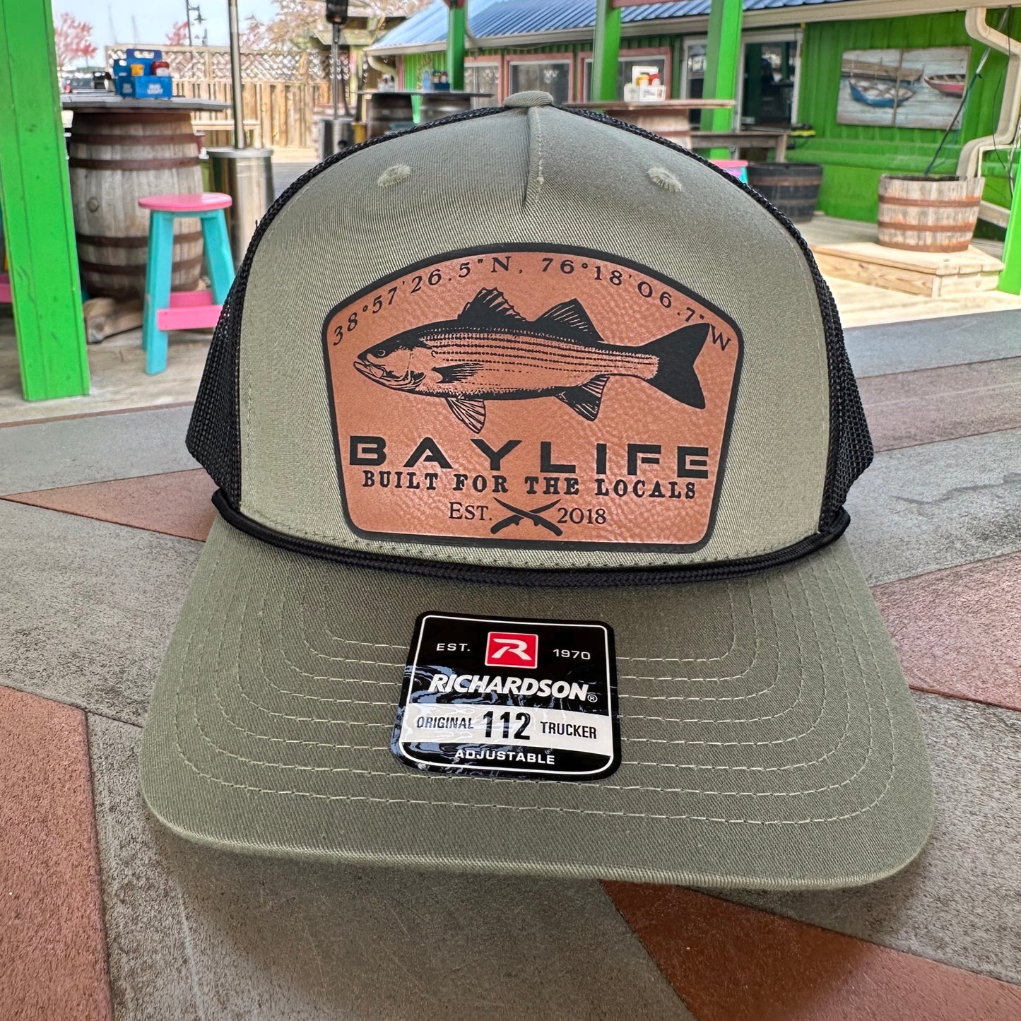 Rockfish Locals Hat | Brown Leather Patch | Olive/Black Mesh