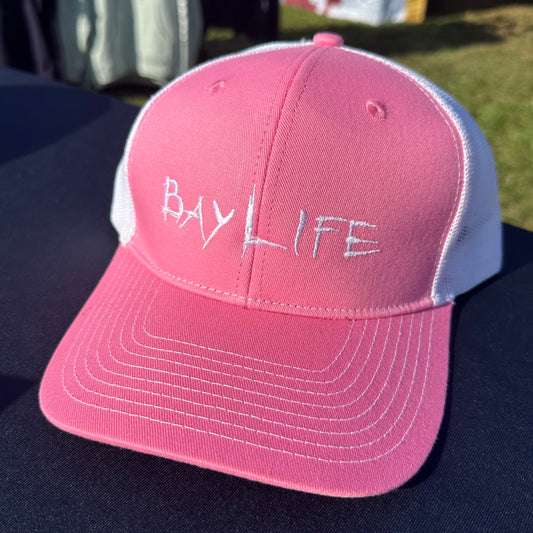 Bay Life Embroidered Trucker Hat | Pink w/White Mesh