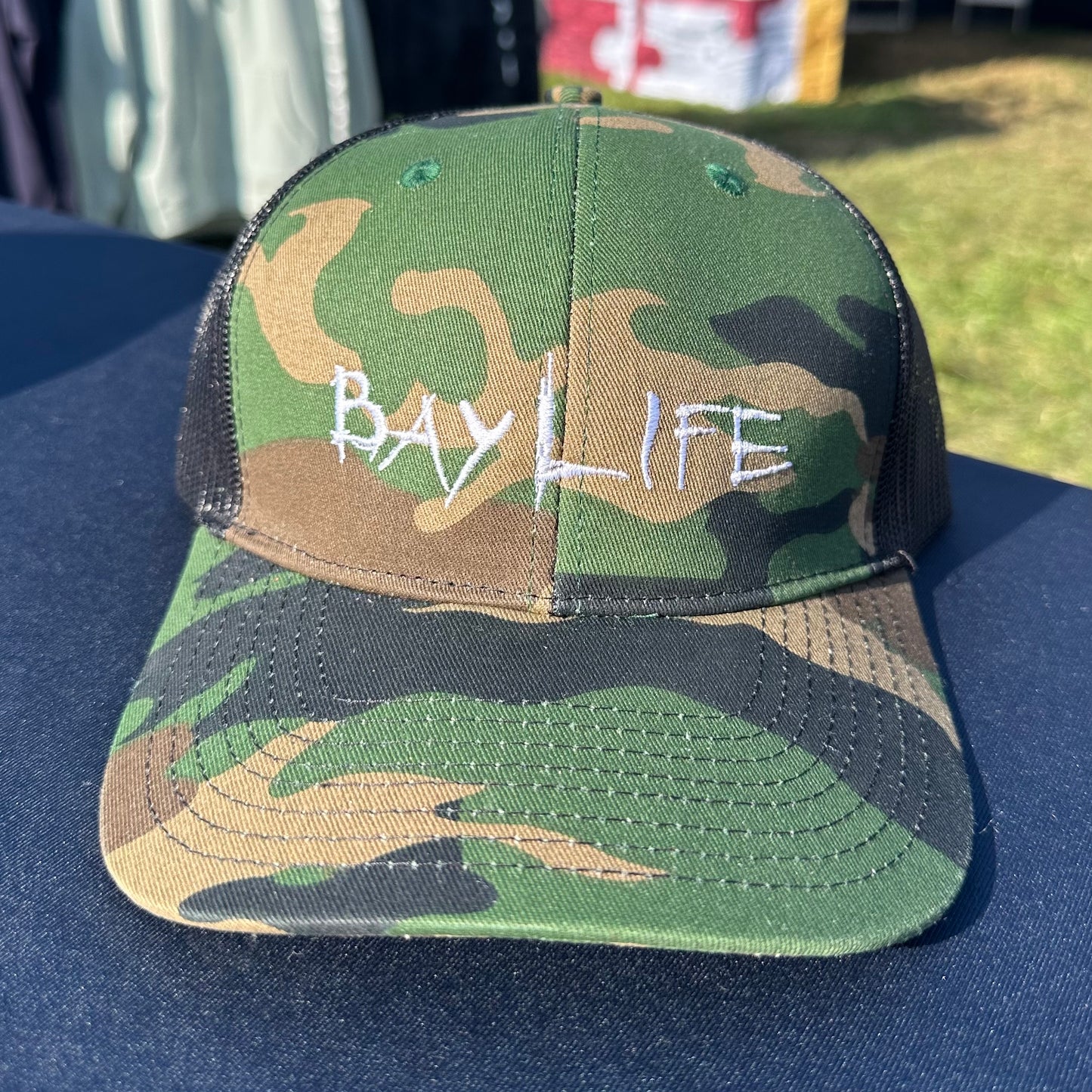 Bay Life Embroidered Trucker Hat | Green Camo w/Black Mesh