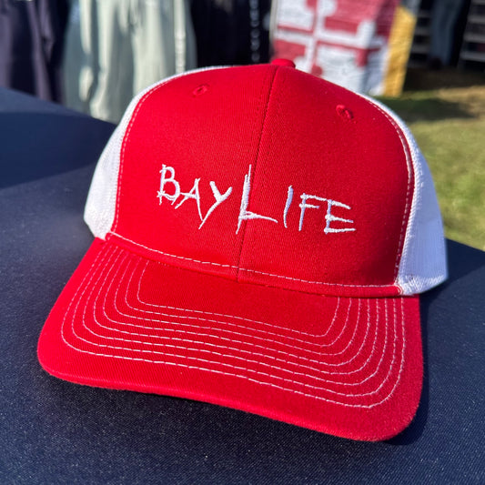 Bay Life Embroidered Trucker Hat | Red w/White Mesh