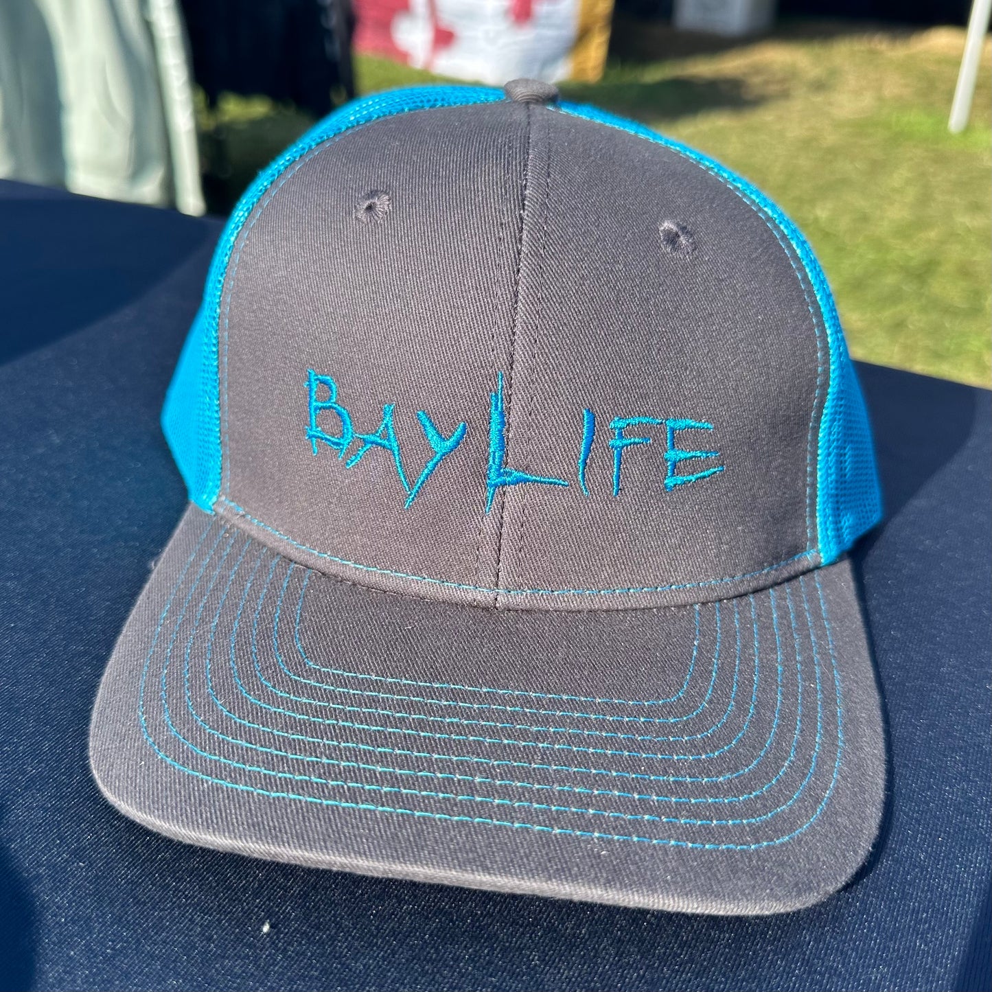 Bay Life Embroidered Trucker Hat | Neon Blue